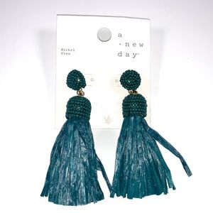 A New Day Raffia Tassel Earrings Teal NWT